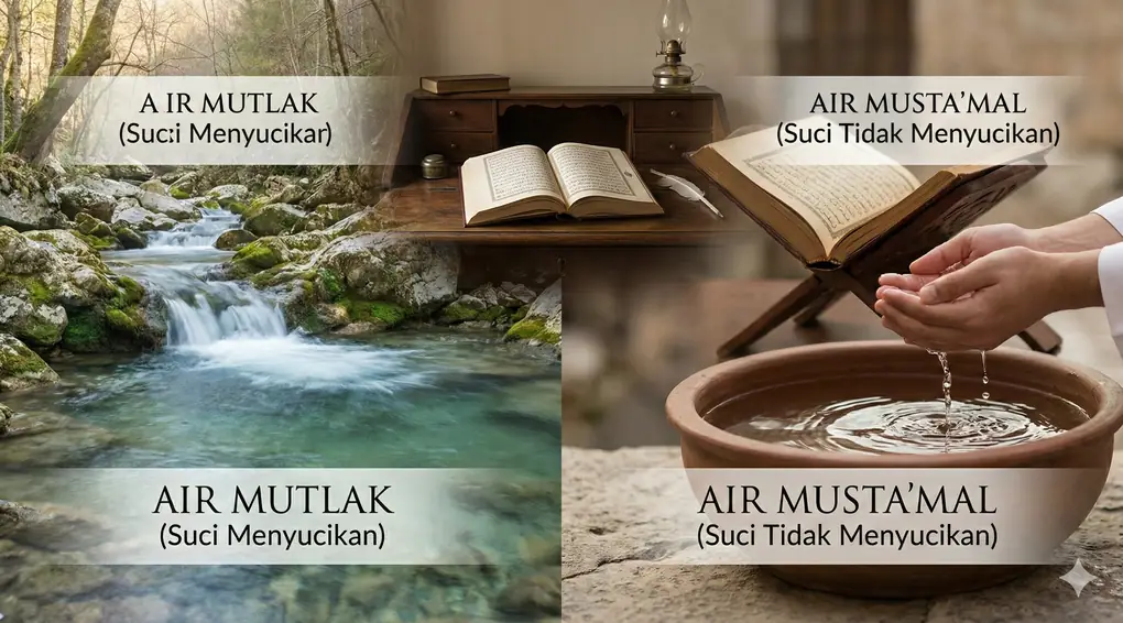 Kolase ilustrasi yang membandingkan air mutlak (air sungai yang mengalir jernih) dengan air musta'mal (bekas tetesan tangan yang sedang berwudhu di atas wadah). Terdapat label hukum fikih pada masing-masing gambar dan latar belakang meja studi dengan kitab kuning terbuka