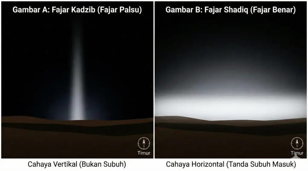 Ilustrasi perbandingan visual antara Fajar Kadzib (cahaya vertikal) dan Fajar Shadiq (cahaya horizontal) sebagai penanda habisnya waktu isya.