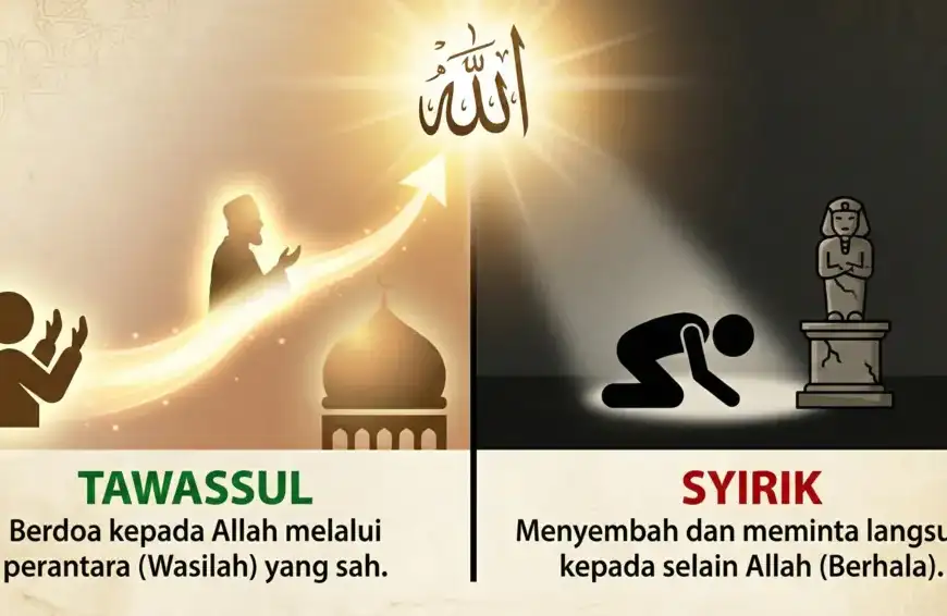 Kajian Fiqh Madzhab Syafi'i: Panduan Lengkap Hukum Islam, Doa, dan Tasawuf 43 Infographic comparing tawassul in Islam vs shirk worshiping idols. The left side people pray to Allah through the Prophet's wasilah, the right side worship statues.