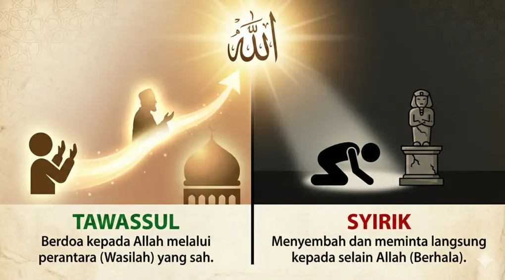 Infografis perbandingan tawassul dalam Islam vs syirik menyembah berhala. Sisi kiri orang berdoa kepada Allah melalui wasilah Nabi, sisi kanan penyembahan patung.