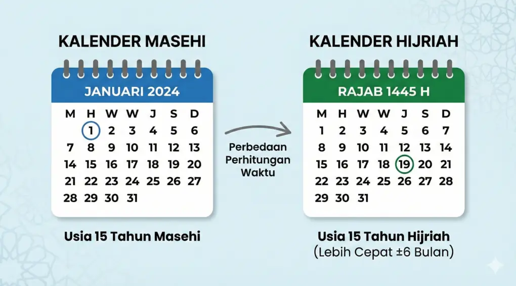 Infografis perbandingan kalender Masehi dan Hijriah untuk menghitung usia baligh 15 tahun, di mana Hijriah lebih cepat sekitar 6 bulan.