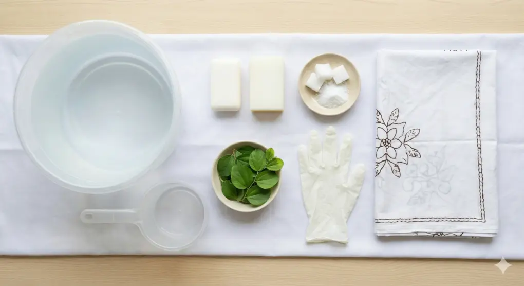 Tata Cara Merawat Jenazah. Foto tampak atas yang menunjukkan perlengkapan memandikan jenazah: ember air, gayung, sabun, daun bidara segar, kapur barus, sarung tangan, dan kain penutup putih.