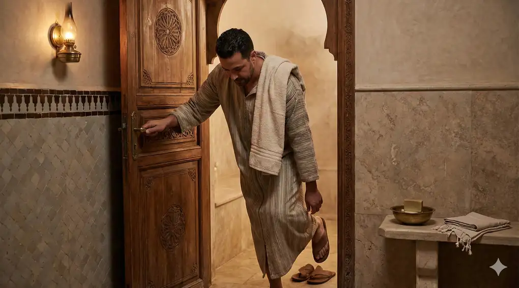 Seorang pria mengenakan jubah tradisional dan handuk di bahu, membungkuk untuk melepas sandal di depan pintu kayu berukir yang menuju ke dalam ruang hammam yang beruap.