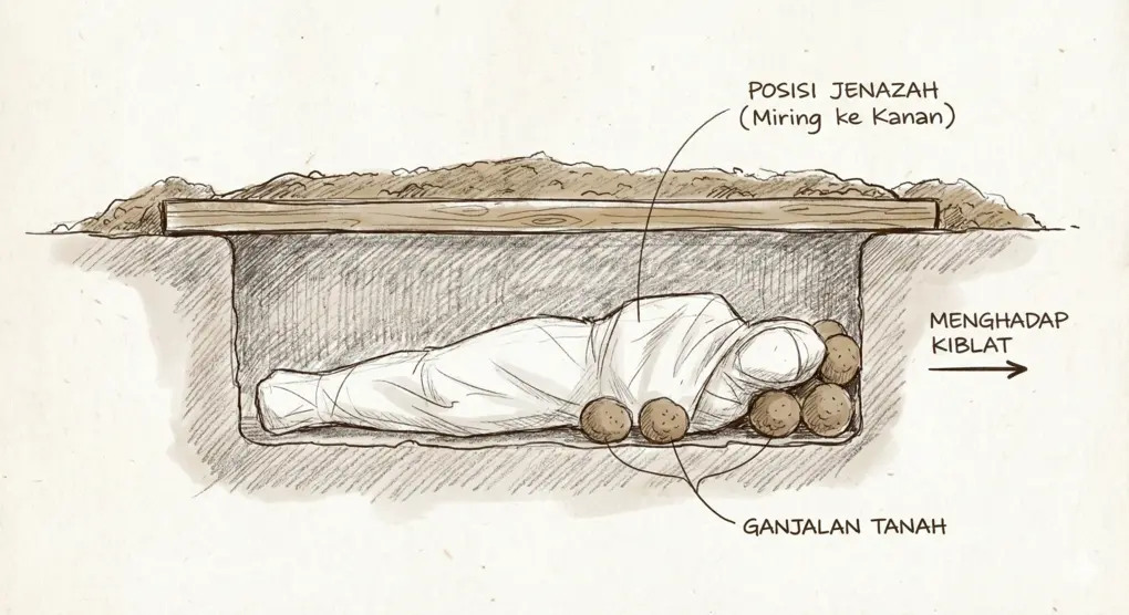 Sketsa ilustrasi posisi jenazah di dalam liang lahat yang dimiringkan ke kanan menghadap kiblat, dengan punggung diganjal bola tanah agar tidak terlentang.
