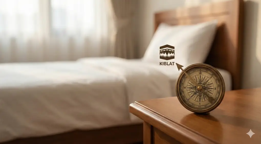 Ilustrasi kompas penunjuk arah Kiblat di dalam kamar tidur pasien, memvisualisasikan adab menghadapkan orang yang sedang sakaratul maut ke arah Ka'bah.