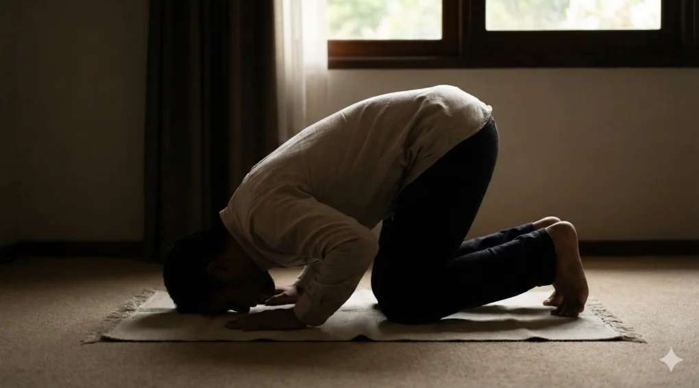 Jangan Andalkan Diri Sendiri: Bedah Doa 'Rahmataka Arju' Riwayat Abu Bakrah 4 Seseorang sedang bersujud dengan khusyuk di atas sajadah, memohon pertolongan Allah.