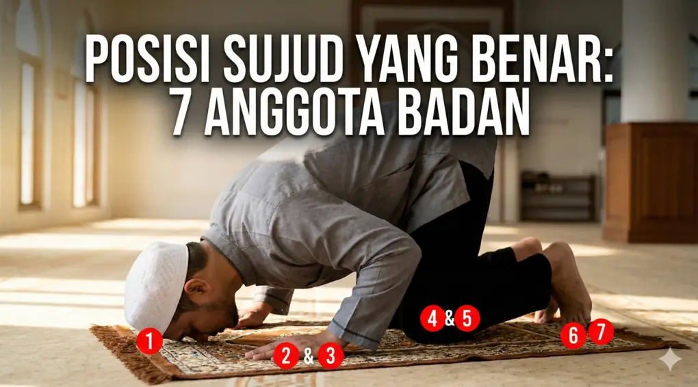 Diagram posisi sujud yang benar menunjukkan 7 anggota badan yang wajib menyentuh lantai, ditandai dengan nomor 1 (dahi), 2 & 3 (telapak tangan), 4 & 5 (lutut), dan 6 & 7 (ujung jari kaki).