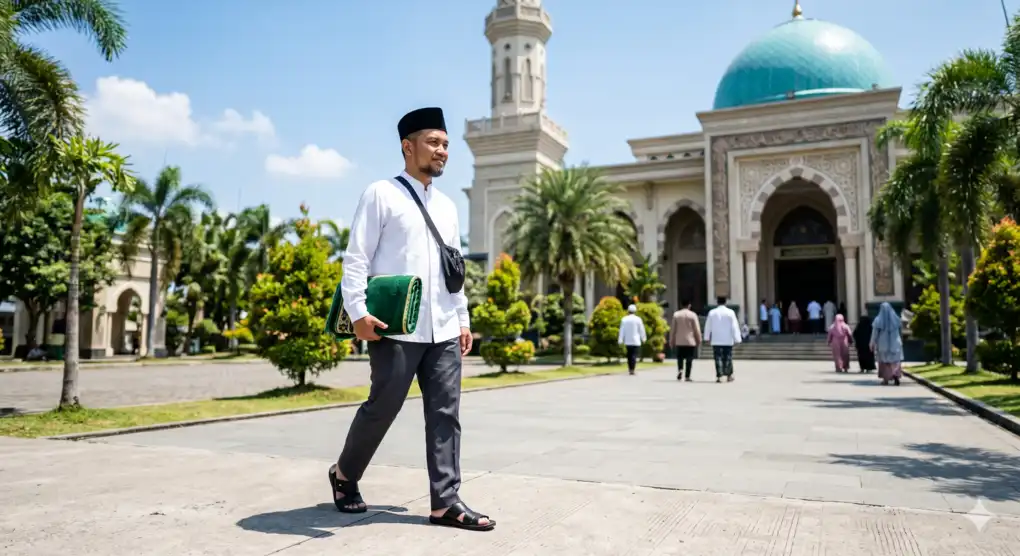 Waktu shalat dhuhur: Seorang pria Muslim berjalan menuju masjid untuk melaksanakan shalat dzuhur berjamaah.