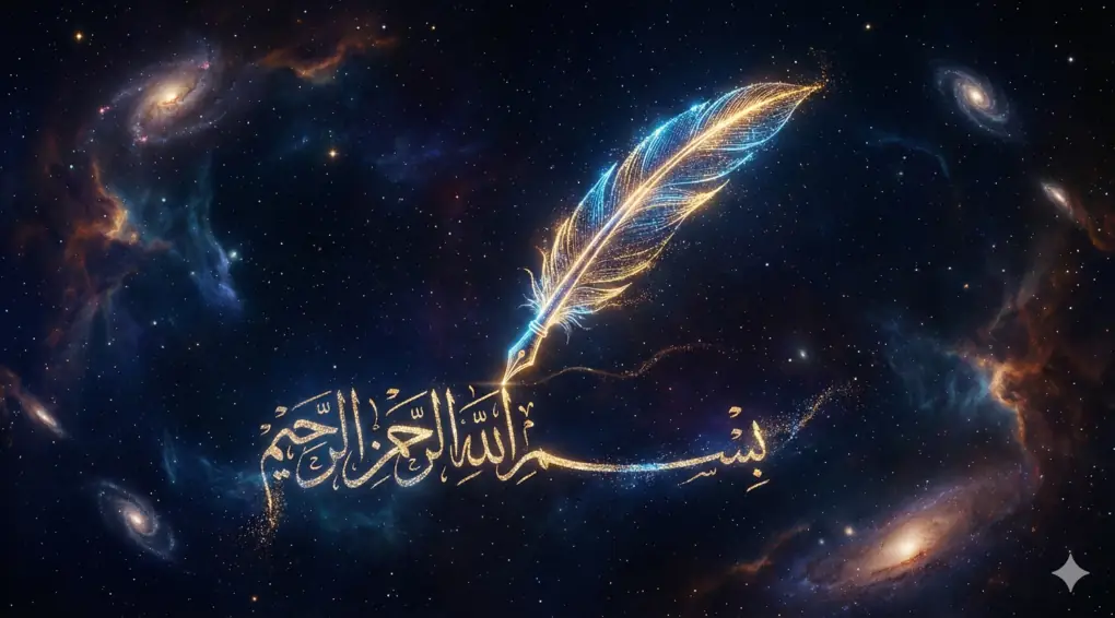 Ilustrasi fantastis sebuah pena bulu raksasa dari cahaya (Qalam) sedang menuliskan kaligrafi Arab Basmalah yang bersinar di tengah pemandangan ruang angkasa, galaksi, dan nebula yang gelap.