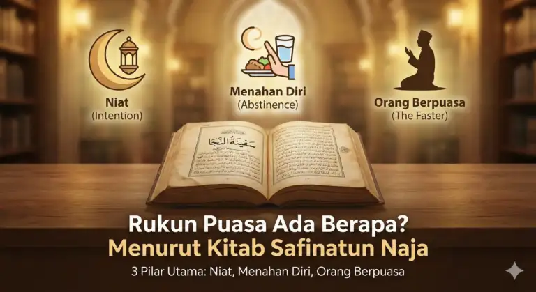 A featured image illustration for a blog post with the prominent headline: 'Rukun Puasa Ada Berapa? Menurut Kitab Safinatun Naja'. The image features an open copy of Kitab Safinatun Naja resting on a wooden table, flanked by three icons symbolizing the three main pillars: Intention (crescent moon icon), Self-Restraint (icon of refusing food), and the Fasting Person (icon of a person praying), set against the background of an Islamic library.