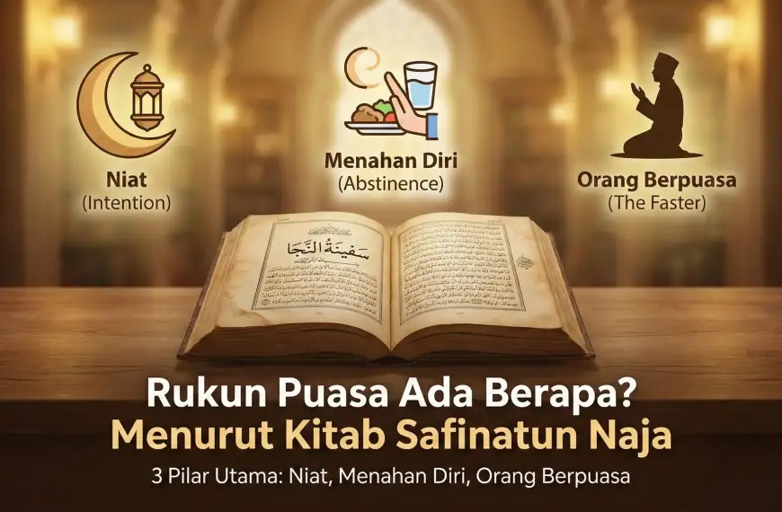 Home 41 Ilustrasi featured image blog dengan judul besar 'Rukun Puasa Ada Berapa? Menurut Kitab Safinatun Naja'. Gambar menampilkan buku terbuka Kitab Safinatun Naja di atas meja kayu, diapit oleh tiga ikon yang melambangkan 3 pilar utama: Niat (ikon bulan sabit), Menahan Diri (ikon menolak makanan), dan Orang Berpuasa (ikon orang berdoa), dengan latar belakang perpustakaan Islami.