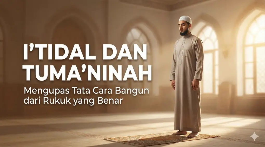 Pria Muslim berdiri tegak tenang dalam posisi I'tidal di atas sajadah di dalam masjid yang terang. Teks judul pada gambar berbunyi "I'TIDAL DAN TUMA'NINAH: Mengupas Tata Cara Bangun dari Rukuk yang Benar".