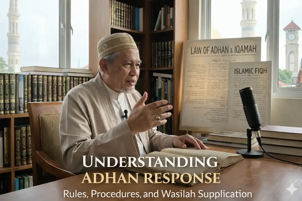 The Meaning of Adhan and Iqamah: Rulings and History in Shafi'i Fiqh 2 Illustration of a Muslim scholar explaining the ruling of adhan and iqamah in Islamic jurisprudence.