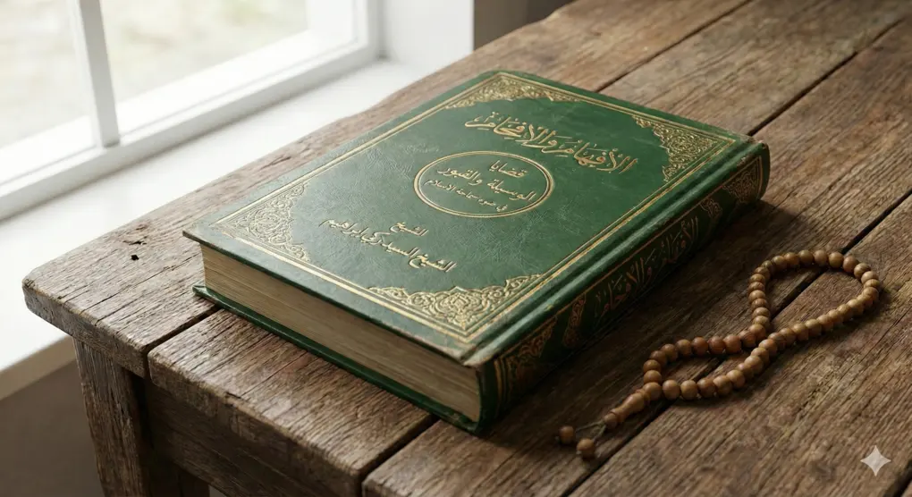 Foto realistik buku kitab berwarna hijau berjudul "الافهام والافحام" (Al-Ifham wal Ifham) karya Syaikh Sayyid Zaky Ibrahim yang diletakkan di atas meja kayu bersanding dengan tasbih kayu.
