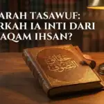 Gambar featured image blog dengan teks judul putih besar di bagian atas: "SEJARAH TASAWUF: BENARKAH IA INTI DARI MAQAM IHSAN?". Di bawahnya, sebuah buku bersampul kulit cokelat antik dengan ukiran emas tulisan Arab "حقائق عن التصوف" (Fakta-fakta tentang Tasawuf) tergeletak di atas meja kayu. Di sebelah kanan buku terdapat lampu minyak kuningan antik yang menyala, sebuah tasbih kayu, dan kompas. Latar belakang adalah rak buku perpustakaan yang buram dengan pencahayaan hangat.