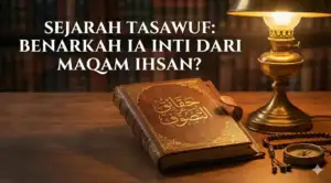 Home 3 Antique leather book titled Haqaiq 'an at-Tasawuf in Arabic next to an oil lamp, tasbih, and compass. Top text reads: SEJARAH TASAWUF: BENARKAH IA INTI DARI MAQAM IHSAN?.