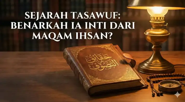 Kajian Fiqh Madzhab Syafi'i: Panduan Lengkap Hukum Islam, Doa, dan Tasawuf 1 Antique leather book titled Haqaiq 'an at-Tasawuf in Arabic next to an oil lamp, tasbih, and compass. Top text reads: SEJARAH TASAWUF: BENARKAH IA INTI DARI MAQAM IHSAN?.