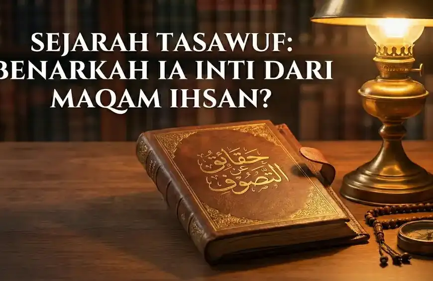 Gambar featured image blog dengan teks judul putih besar di bagian atas: "SEJARAH TASAWUF: BENARKAH IA INTI DARI MAQAM IHSAN?". Di bawahnya, sebuah buku bersampul kulit cokelat antik dengan ukiran emas tulisan Arab "حقائق عن التصوف" (Fakta-fakta tentang Tasawuf) tergeletak di atas meja kayu. Di sebelah kanan buku terdapat lampu minyak kuningan antik yang menyala, sebuah tasbih kayu, dan kompas. Latar belakang adalah rak buku perpustakaan yang buram dengan pencahayaan hangat.