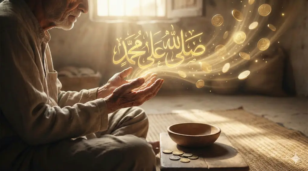 Seorang pria tua dengan pakaian sederhana sedang khusyuk berdoa menengadahkan tangan. Dari telapak tangannya muncul kaligrafi emas Shalawat Nabi yang bertransformasi menjadi koin-koin emas bercahaya, menyimbolkan shalawat sebagai kekayaan spiritual pengganti sedekah harta.