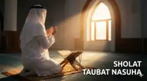 An illustration of a Muslim man praying with deep devotion (khushoo') inside a sunlit mosque, accompanied by a Qur'an and prayer beads (tasbih), serving as the main featured image for an article about Salat al-Tawbah Nasuha (Prayer of Sincere Repentance).
