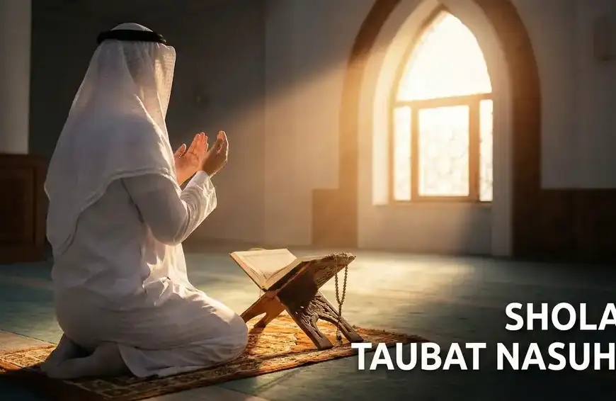 Home 31 Ilustrasi seorang pria Muslim berdoa dengan khusyuk di dalam masjid yang diterangi cahaya matahari, dengan Al-Qur'an dan tasbih, sebagai gambar utama artikel tentang Sholat Taubat Nasuha.