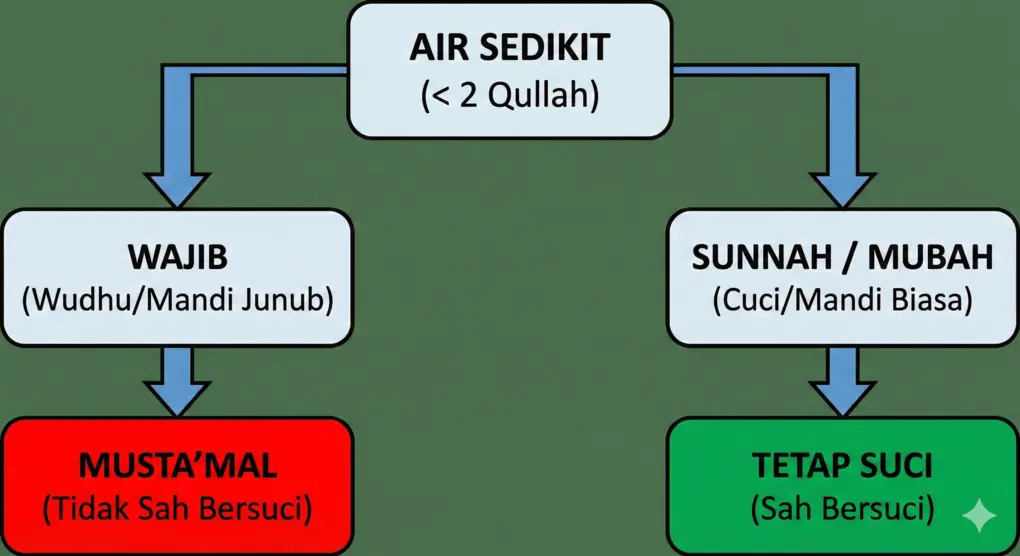 Kupas Tuntas Air Musta'mal: Masalah Niat, Anak Kecil, dan Masalah "Aghraf" 3 Infografis diagram alur yang menunjukkan kapan air sedikit menjadi musta'mal atau tetap suci berdasarkan penggunaannya.