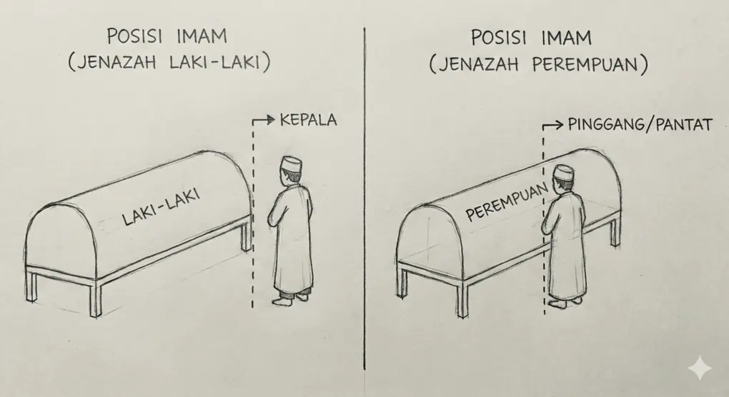 Gambar sketsa sederhana yang menunjukkan posisi berdiri imam shalat jenazah: lurus dengan kepala untuk jenazah laki-laki, dan lurus dengan pinggang/pantat untuk jenazah perempuan.