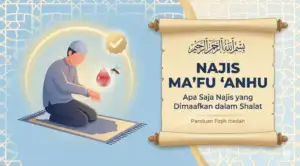 Home 21 Ilustrasi muslim sedang shalat dengan teks Najis Ma'fu 'Anhu, panduan fiqih tentang darah nyamuk dan jerawat yang dimaafkan
