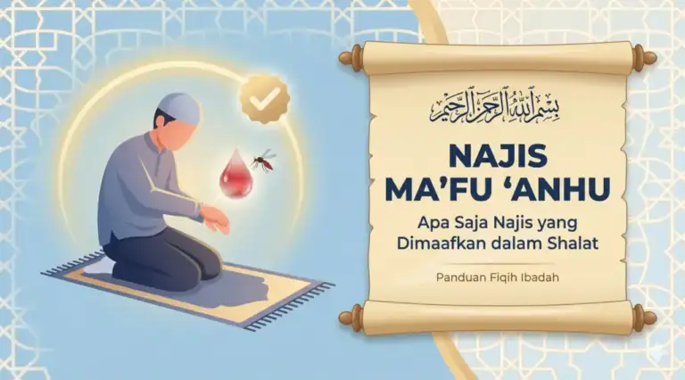 Ilustrasi muslim sedang shalat dengan teks Najis Ma'fu 'Anhu, panduan fiqih tentang darah nyamuk dan jerawat yang dimaafkan