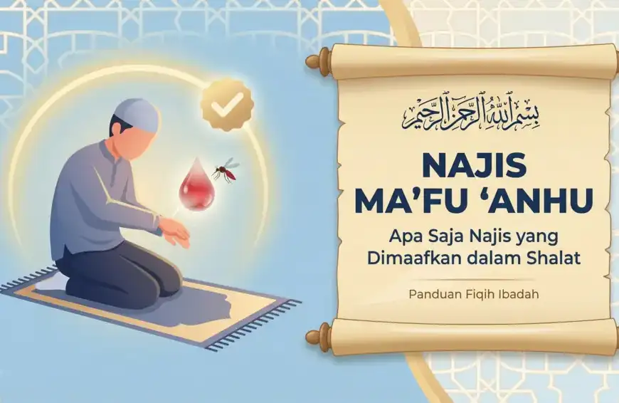 Ilustrasi muslim sedang shalat dengan teks Najis Ma'fu 'Anhu, panduan fiqih tentang darah nyamuk dan jerawat yang dimaafkan