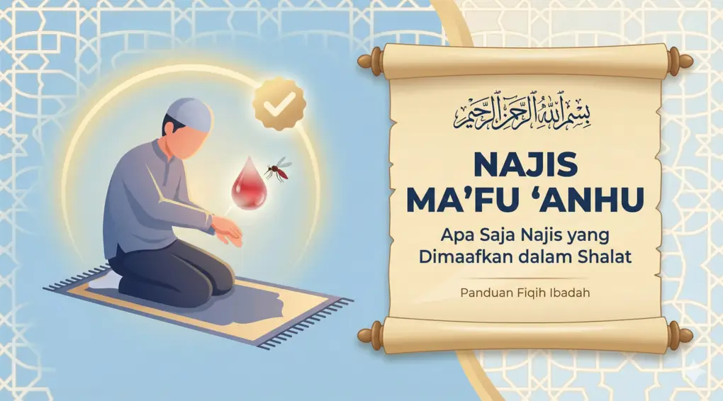 Ilustrasi muslim sedang shalat dengan teks Najis Ma'fu 'Anhu, panduan fiqih tentang darah nyamuk dan jerawat yang dimaafkan