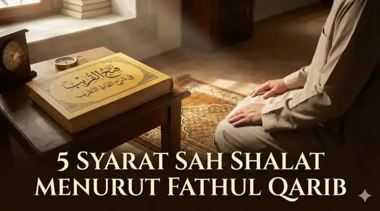 Seseorang dalam posisi duduk tahiyat akhir di atas sajadah, di samping meja kayu yang memuat kitab kuning tertutup dengan kaligrafi 'Fathul Qarib Al-Mujib' dan sebuah jam kuno. Terdapat teks besar di bagian bawah gambar bertuliskan '5 SYARAT SAH SHALAT MENURUT FATHUL QORIB'.