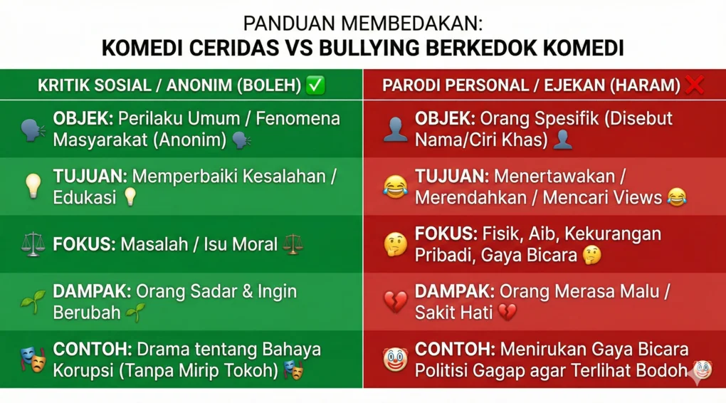 Infografis tabel visual dua kolom yang membandingkan "Kritik Sosial/Anonim (Boleh)" di kolom hijau sebelah kiri, dan "Parodi Personal/Ejekan (Haram)" di kolom merah sebelah kanan.