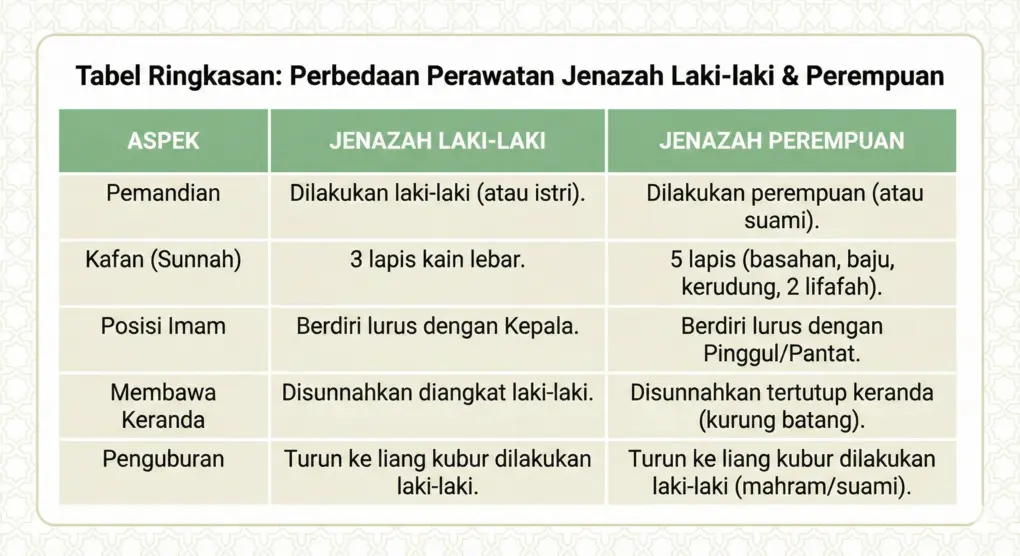 Gambar tabel ringkasan yang membandingkan tata cara perawatan jenazah laki-laki dan perempuan dari aspek pemandian, kafan, posisi imam, membawa keranda, hingga penguburan.