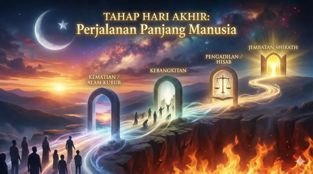 Hakikat Iman Kepada Hari Akhir: Pengertian, Tahapan, dan Hikmah Menurut Kitab Kuning 2 Ilustrasi infografis berjudul "TAHAP HARI AKHIR: Perjalanan Panjang Manusia". Menunjukkan jalur berliku yang dilewati figur manusia melalui gerbang Kematian/Alam Kubur, Kebangkitan, Pengadilan/Hisab dengan timbangan, dan Jembatan Shirath di atas jurang api menuju gerbang cahaya.