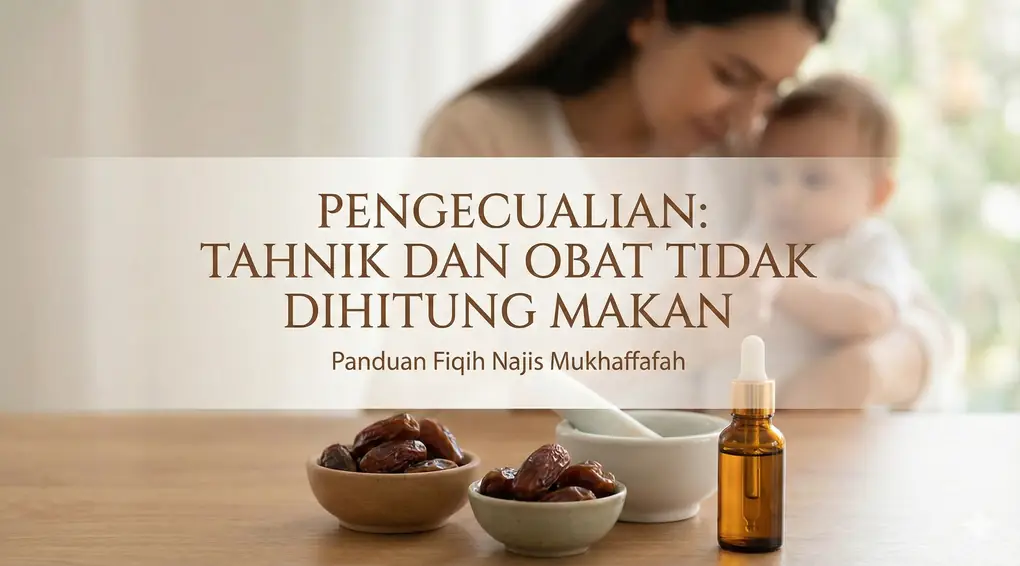 Najis Mukhaffafah: Cara Mensucikan Air Kencing Bayi Laki-Laki Menurut Kitab Al-Iqna' 2 Foto header blog yang menampilkan mangkuk berisi kurma untuk tahnik, alat penumbuk kecil, dan botol obat pipet di atas meja kayu. Latar belakang buram menunjukkan seorang ibu menggendong bayinya. Terdapat teks hamparan (overlay) besar bertuliskan 'PENGECUALIAN: TAHNIK DAN OBAT TIDAK DIHITUNG MAKAN' dan sub-judul 'Panduan Fiqih Najis Mukhaffafah'.