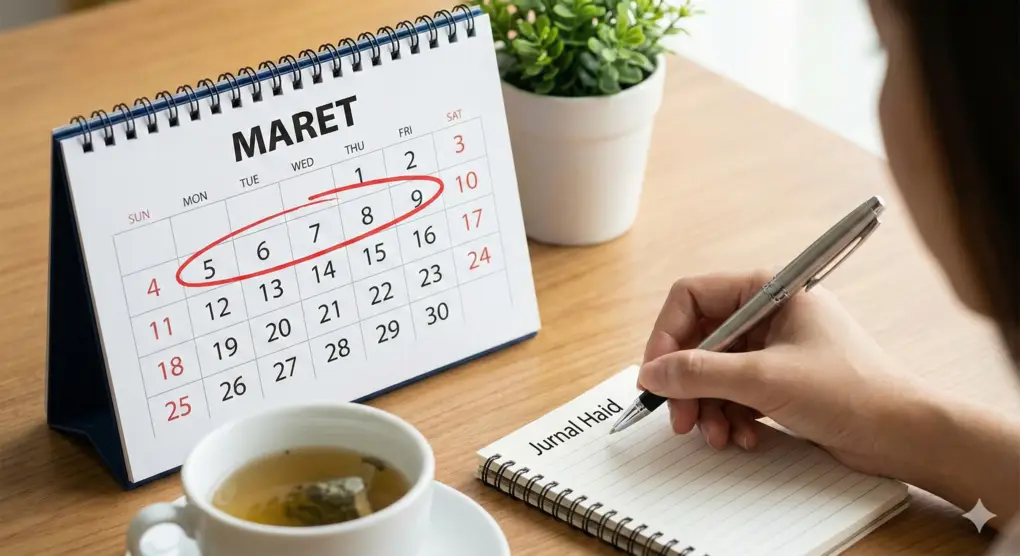 Ilustrasi kalender dengan lingkaran merah dan buku catatan haid sebagai simbol tanda baligh pada anak perempuan.