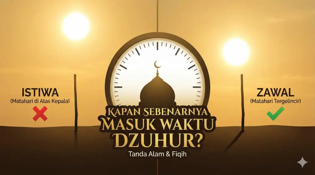 Ilustrasi posisi matahari saat Zawal atau tergelincir ke arah barat sebagai tanda pasti masuk waktu dzuhur, terlihat bayangan benda mulai muncul.