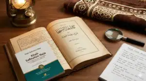 Home 17 An open copy of KΔshifatu al-SajΔ, a commentary on SafΔ«nat al-NajΔ, placed on a wooden table as a primary reference for the signs of puberty (baligh) in Islamic jurisprudence (fiqh).