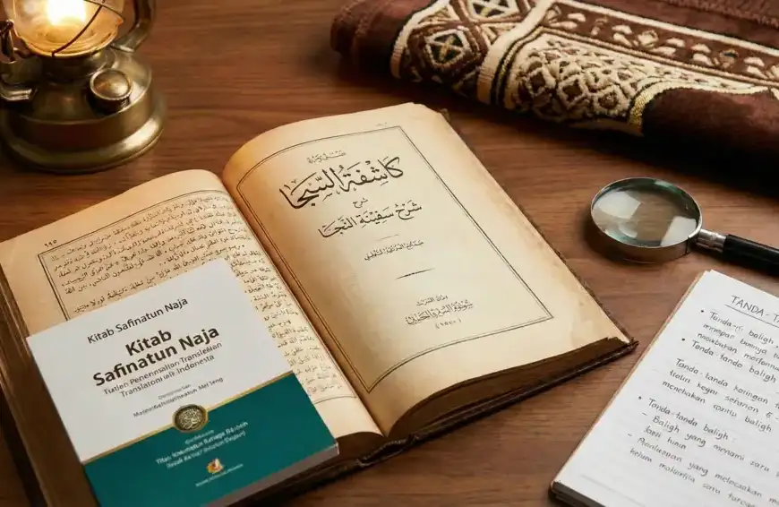 Home 19 Kitab Kashifatus Saja syarah Safinatun Naja terbuka di atas meja kayu sebagai referensi utama tanda baligh menurut ilmu fiqih.