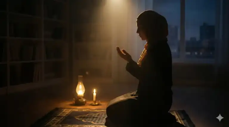 An illustration of a Muslim performing the Istikharah prayer and supplicating in the last third of the night, seeking divine guidance regarding a life partner and employment.