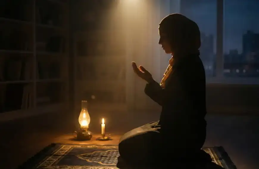 Home 21 Ilustrasi seorang Muslim sedang melakukan sholat istikharah dan berdoa di sepertiga malam untuk meminta petunjuk jodoh dan pekerjaan.