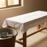 Suasana persiapan area pemandian jenazah yang tenang, terlihat dipan kayu beralas kain putih dan ember berisi air bersih, melambangkan tata cara memandikan jenazah yang khidmat.