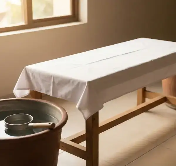 Home 3 Suasana persiapan area pemandian jenazah yang tenang, terlihat dipan kayu beralas kain putih dan ember berisi air bersih, melambangkan tata cara memandikan jenazah yang khidmat.