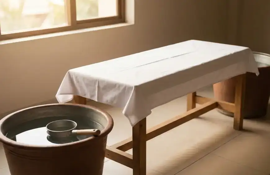 Suasana persiapan area pemandian jenazah yang tenang, terlihat dipan kayu beralas kain putih dan ember berisi air bersih, melambangkan tata cara memandikan jenazah yang khidmat.