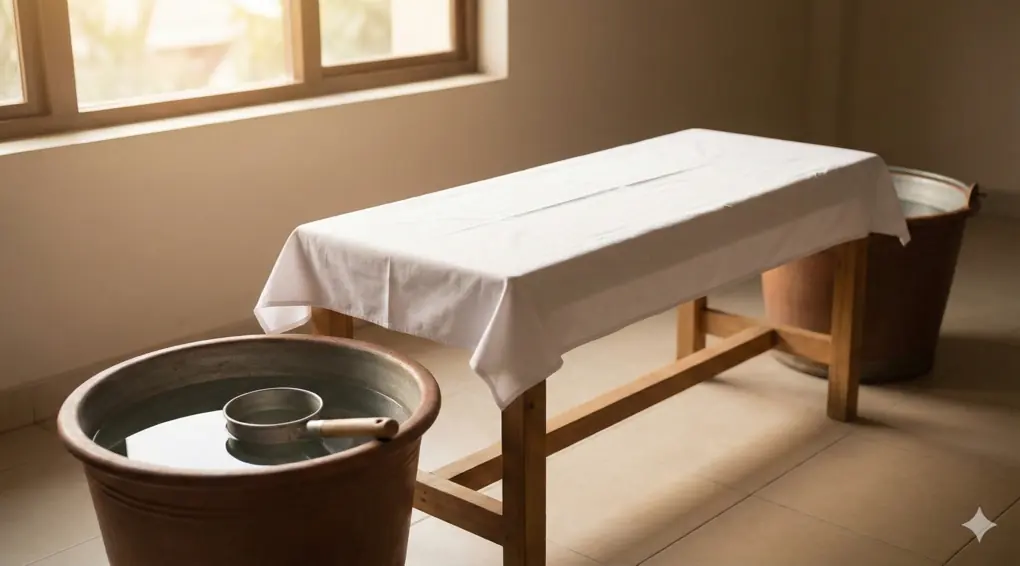 Suasana persiapan area pemandian jenazah yang tenang, terlihat dipan kayu beralas kain putih dan ember berisi air bersih, melambangkan tata cara memandikan jenazah yang khidmat.