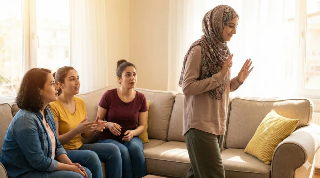 Ilustrasi aksi Mufaraqah, seseorang bangkit berdiri dan berjalan menjauh meninggalkan sekumpulan orang yang sedang bergosip.