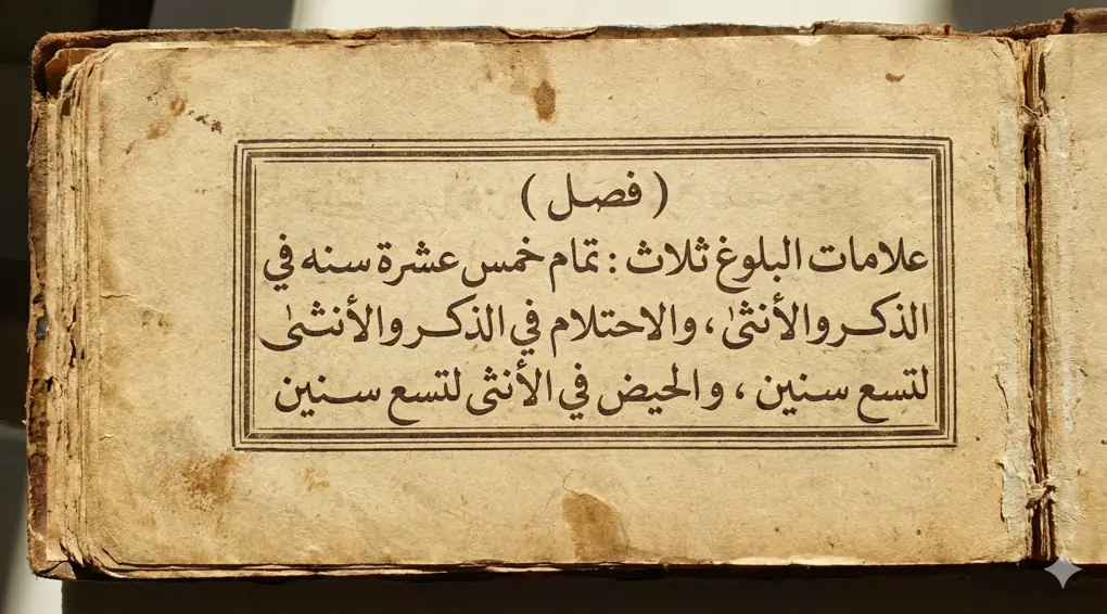 Teks Arab asli dalam kitab Kashifatus Saja yang menjelaskan tiga tanda baligh: usia 15 tahun, ihtilam, dan haid.