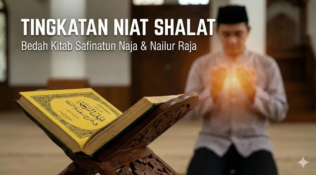 Ilustrasi artikel blog berjudul 'TINGKATAN NIAT SHALAT: Ngaji Kitab Safinatun Naja & Nailur Raja'. Gambar menampilkan kitab kuning Nailur Raja tertutup di atas rehal kayu di latar depan, dengan seorang pria Muslim berbaju koko dan peci sedang berdoa dengan tangan terangkat di latar belakang masjid yang buram.