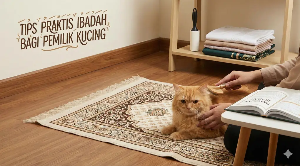 Hukum Bulu Kucing dalam Islam: Apakah Najis Jika Terbawa Sholat? 2 Seorang wanita sedang menyisir bulu kucing oranye di atas sajadah di dalam ruangan yang terang. Di sampingnya terdapat sebuah meja kecil dengan buku terbuka berjudul "PANDUAN IBADAH" dan rak kayu berisi tumpukan pakaian serta alat pembersih bulu (lint roller). Di dinding krem di atasnya terdapat tulisan dekoratif berwarna cokelat: "TIPS PRAKTIS IBADAH BAGI PEMILIK KUCING".